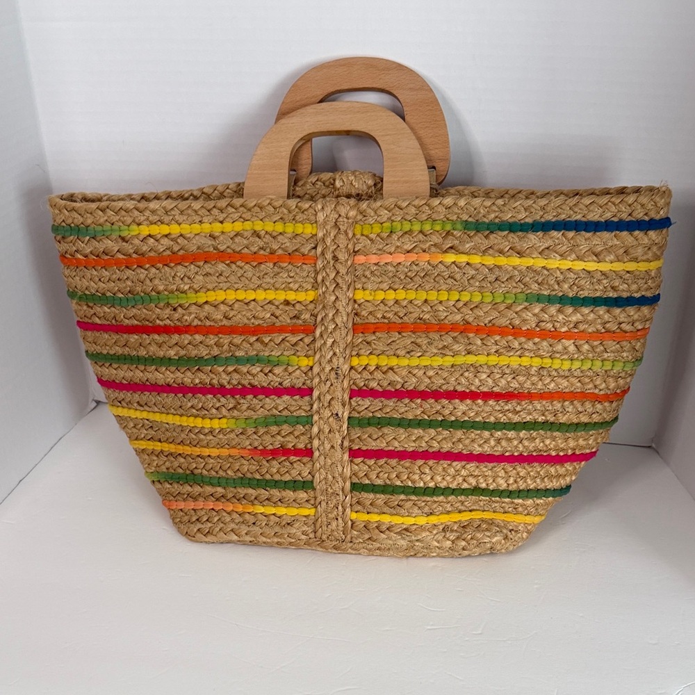 Antik Kraft Handwoven Jute Tote with Colorful Stripe Accents NWT - Picture 2 of 16